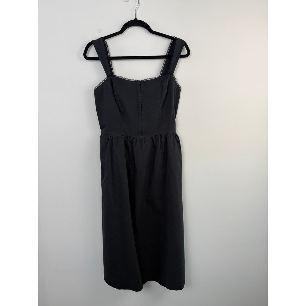 And Now This Midi Dress Womens Medium Black Lace Trim Smocked Back Pockets